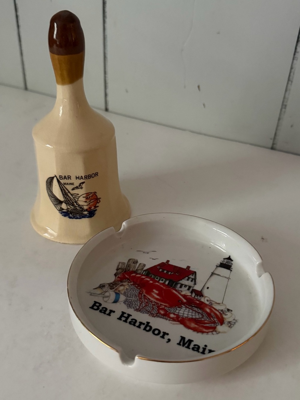 Vintage Bar Harbor Maine Souvenir Bell and Ashtray Ceramic